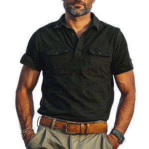 Camiseta informal de verano con cuello polo desgastado y doble bolsillo para hombre