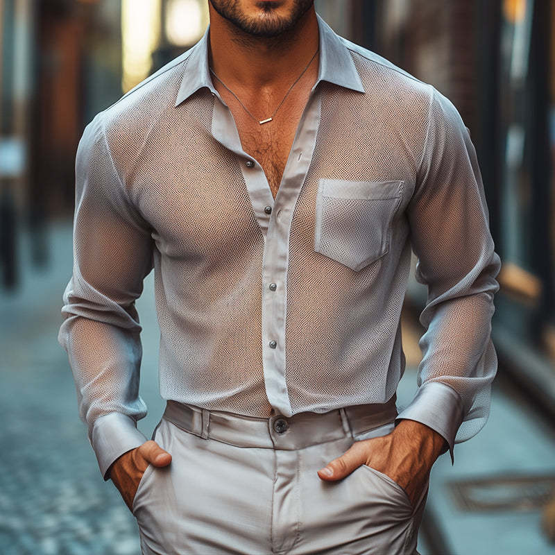 Herren Retro Casual Sommer Cool Mesh Satin Splicing Revers Langarmhemd