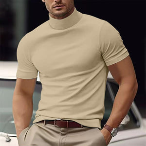 Men's Solid Color Half Turtle Neck Slim Fit Short Sleeve T-Shirt
