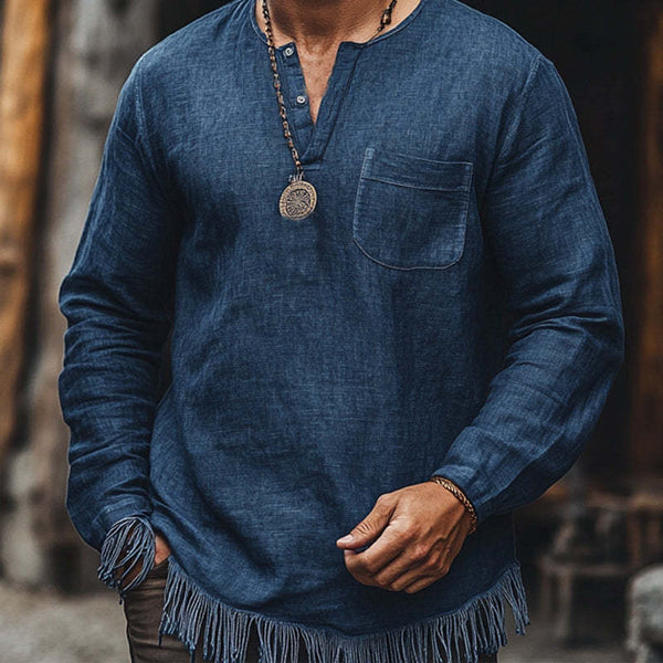 Camiseta informal vintage azul marino con cuello en V pequeño de algodón y lino con borlas para hombre