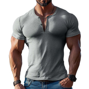 Men's Solid Color Cotton Blend V-neck Short-sleeved T-shirt