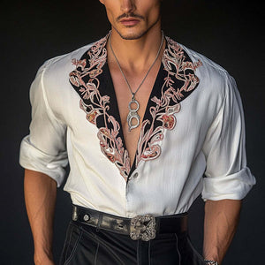 Men's Vintage Embroidered Contrast Long Sleeve Shirt