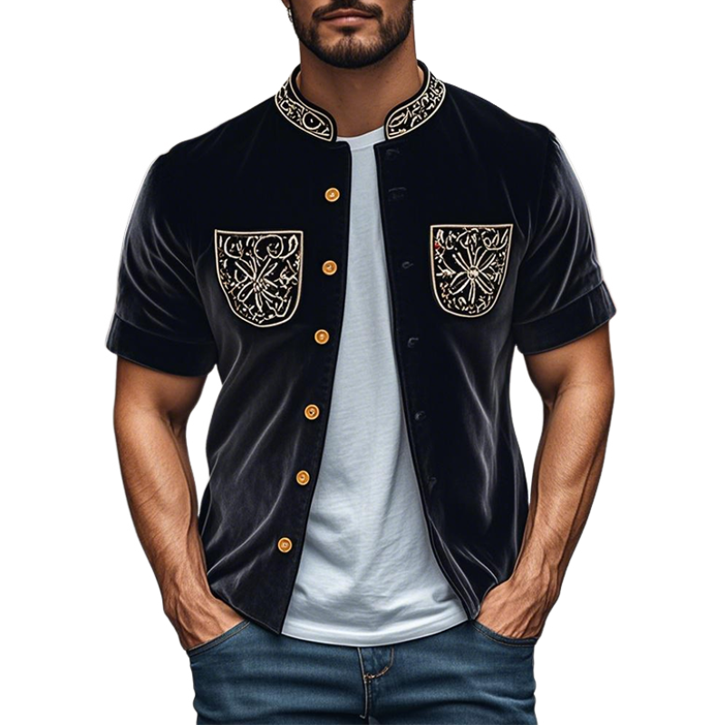Camisa de manga corta con cuello alto de terciopelo bordado retro de moda de primavera para hombre