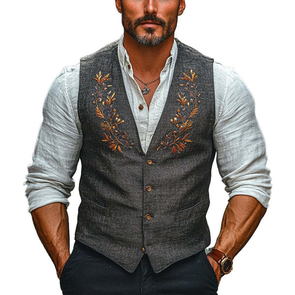 Men's Floral Embroidered V-neck Vest