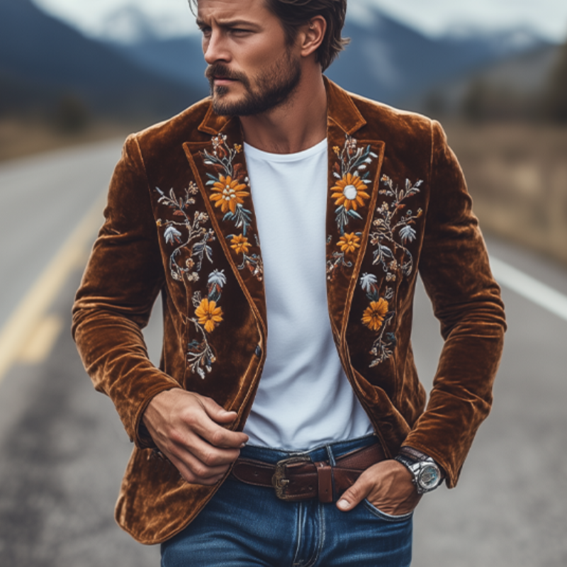 Klassischer, einreihiger Retro-Slim-Fit-Blazer für Herren mit Samtstickerei