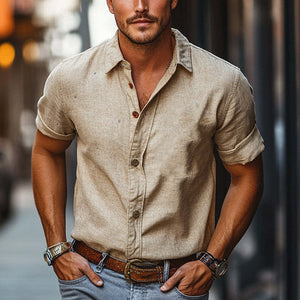 Men's Solid Color Casual Cotton And Linen Short-Sleeved Shirt