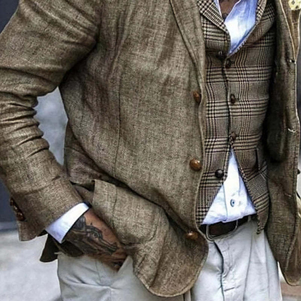 Lässiger Vintage-Blazer aus Baumwolle und Leinen mit drei Knöpfen für Herren