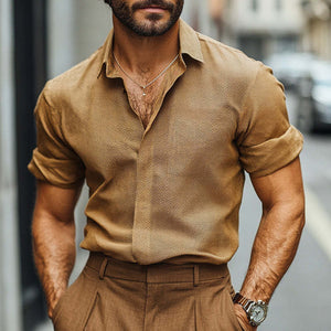 Men's Spring And Autumn Brown Textured Long Sleeve Shirt