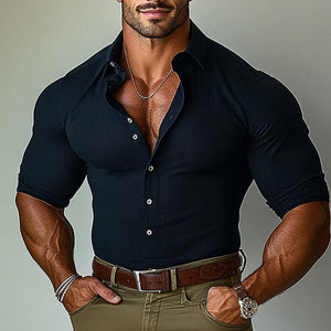 Men's Black Ribbed Fashion Slim Fit Long Sleeve Shirt