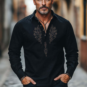 Camiseta cómoda de algodón y lino con cuello abotonado bordado para hombre