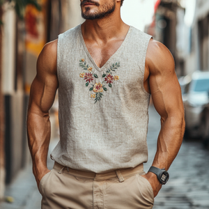 Lässiges Herren-Tanktop mit V-Ausschnitt, Leinen und Blumenstickerei, schmale Passform