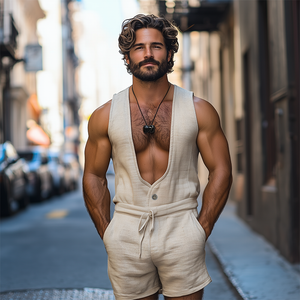 Men's Spring And Summer Fashion Leisure Deep V Neck Cotton And Linen Tank Top Shorts Jumpsuit