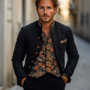 Chaqueta negra vintage bordada con cuello alto para hombre, primavera y otoño