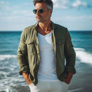 Men's Spring And Autumn Army Green Cotton And Linen Long Sleeve Shirt