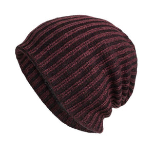 Men's Retro Two-tone Vertical Stripes Cable Flannel Lining Warm Knitted Hat