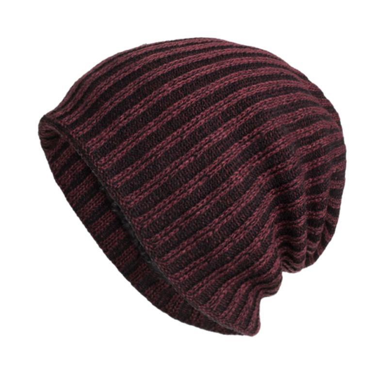 Gorro de punto cálido con forro de franela y rayas verticales bicolor retro para hombre