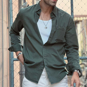 Camisa de trabajo informal retro lavada de manga larga con bolsillo de solapa para hombre