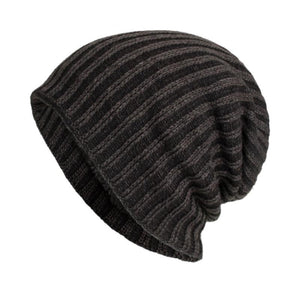Men's Retro Two-tone Vertical Stripes Cable Flannel Lining Warm Knitted Hat