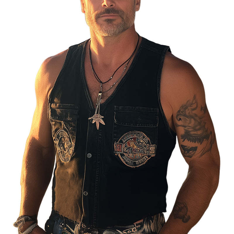 Herren-Weste im Sommer-Retro-Stil, gewaschener Distressed-Denim, bestickt