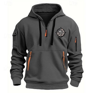 SUDADERA DEPORTIVA CASUAL PARA HOMBRE CON MÚLTIPLES CREMALLERAS EN EL BRAZO Y BORDADO CON INSIGNIA SUDADERA CON CAPUCHA