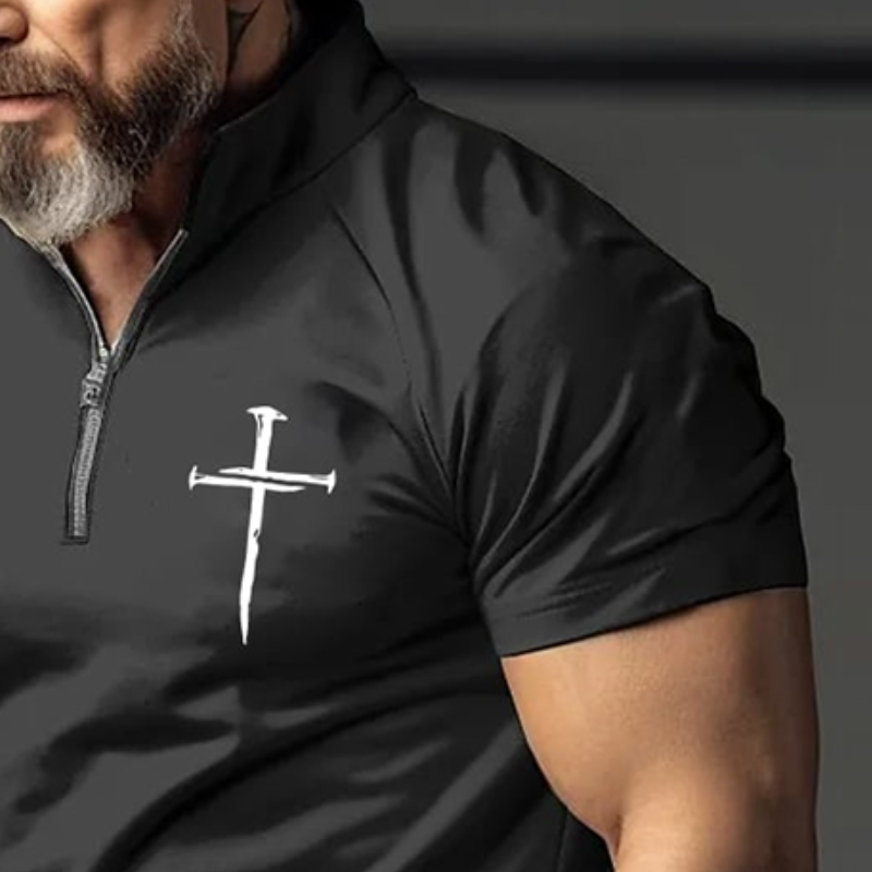 Herren Retro Casual Cross Print Reißverschluss Kurzarm T-Shirt