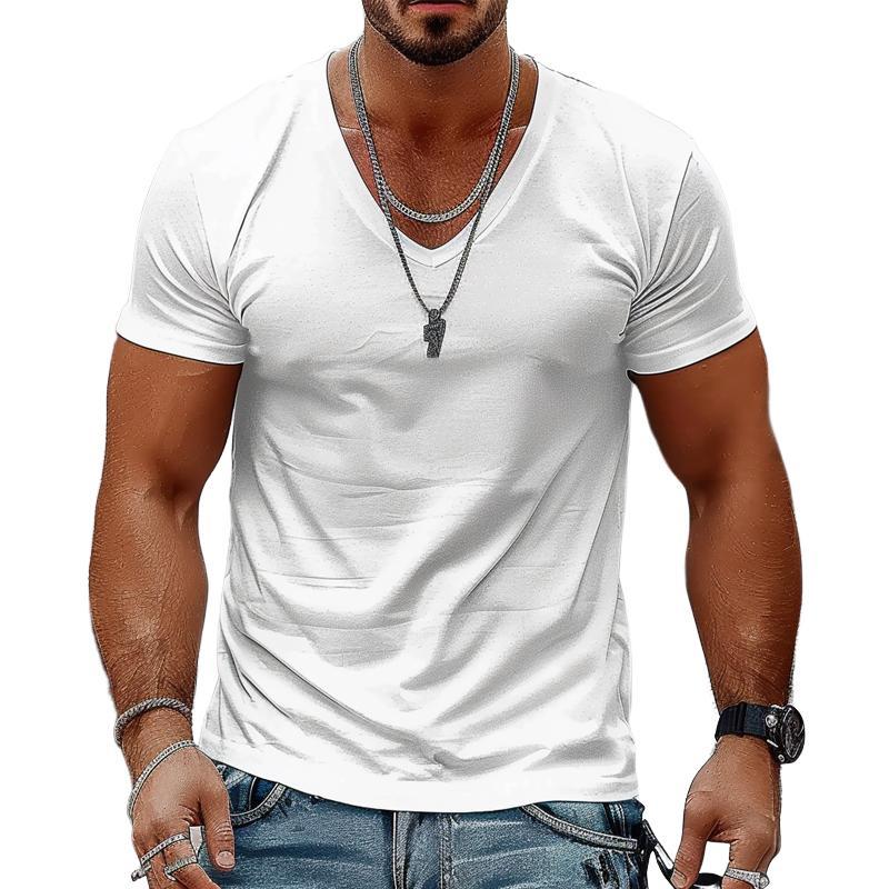 Camiseta informal de algodón de manga corta con cuello en V y color liso para hombre