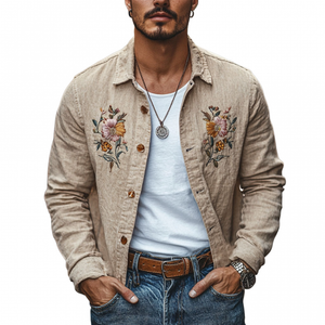 Camisa informal de lino con bordado floral y solapa holgada de manga larga para hombre