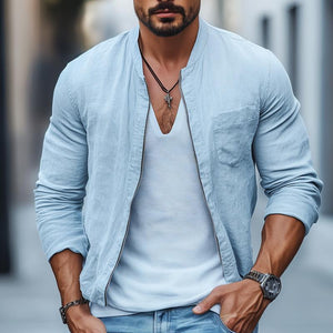 Chaqueta de algodón y lino liso con cuello alto y cremallera en el pecho para hombre