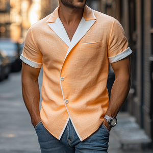 Men's Spring And Summer Fashion Slim Lapel Single-Breasted Tencel Cotton Short-Sleeved Shirt
