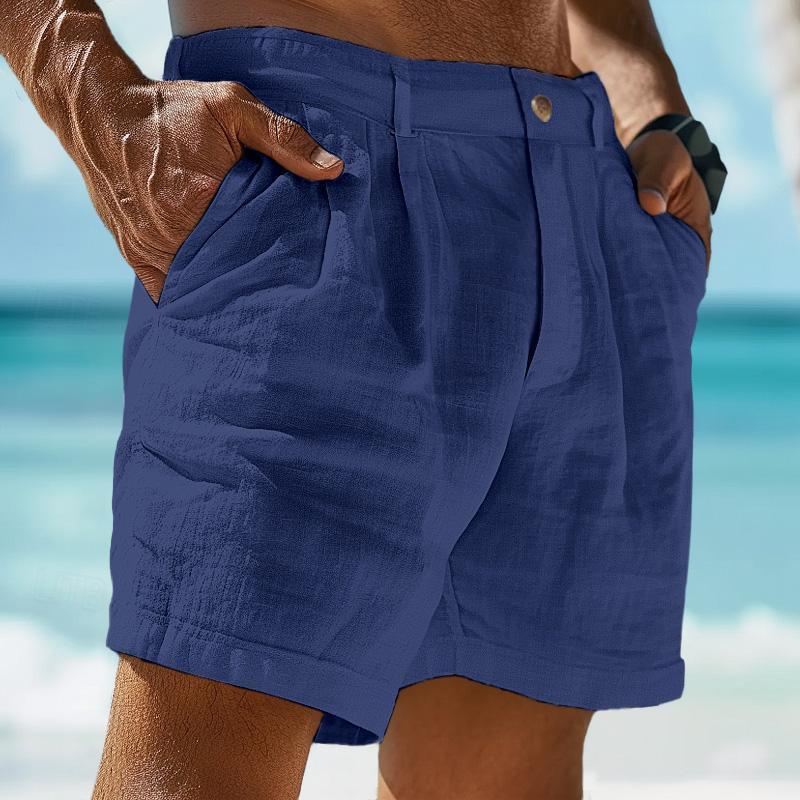 Pantalones cortos de playa de verano de lino de color liso para hombre