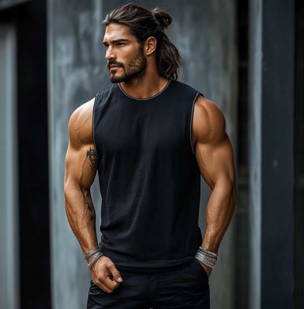 Camiseta informal holgada sin mangas con cuello redondo y diseño de gofre para hombre