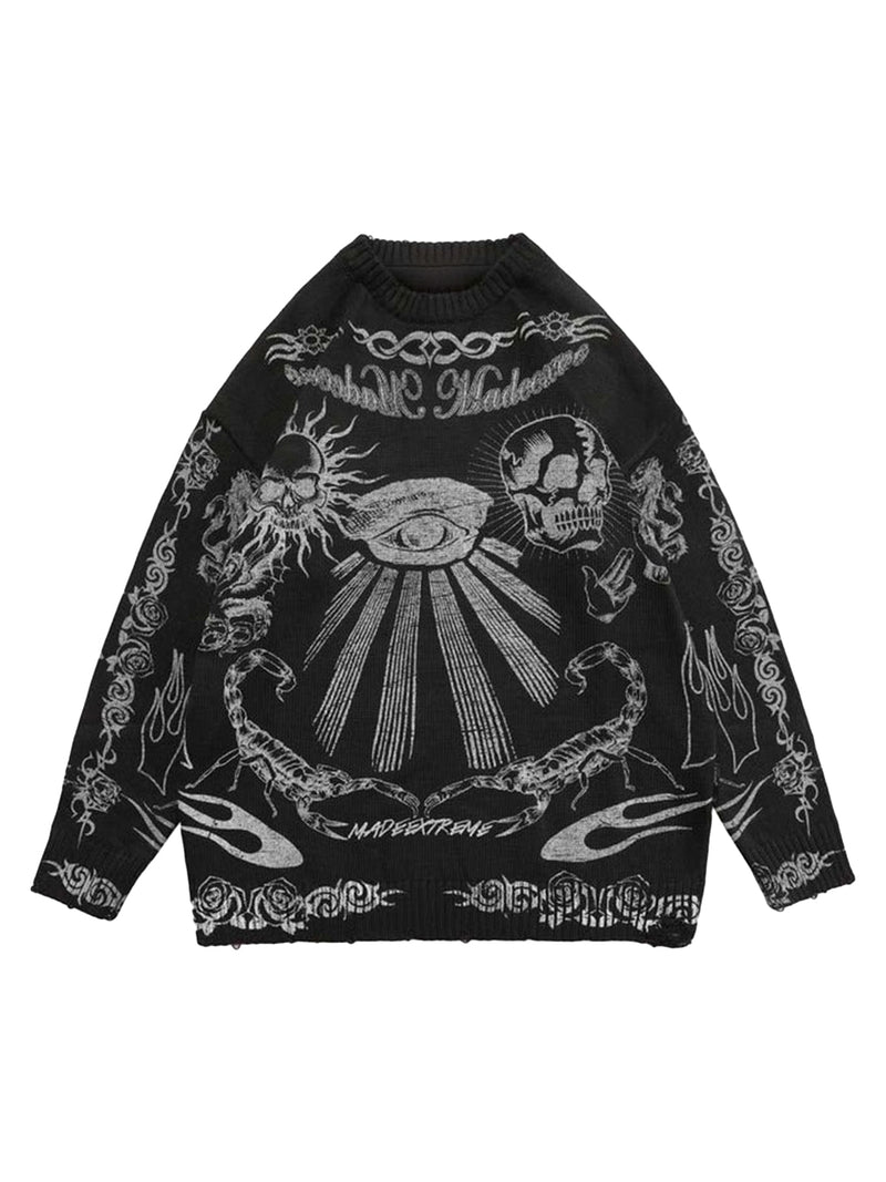 Skull Print Distressed Sweater