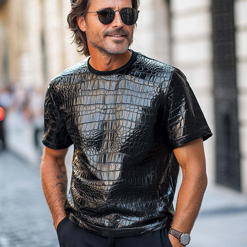 Men's Black Crocodile Textured PU Leather Short Sleeve T-Shirt