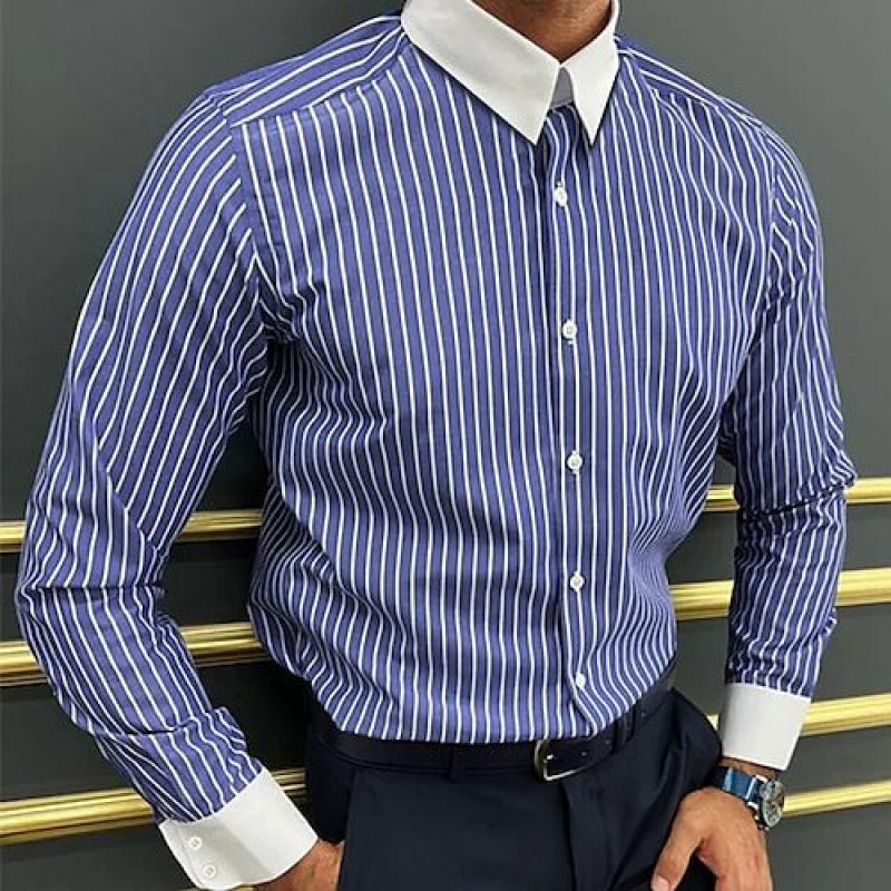 Camisa informal de manga larga con solapa y bloques de color a rayas para hombre