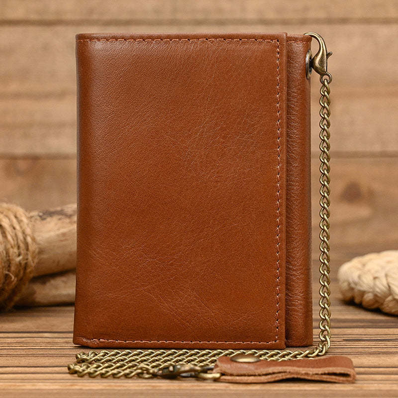 Cartera vintage de tres pliegues de cuero genuino para hombre 