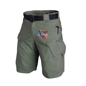 Pantalones cortos cargo tácticos de alto rendimiento con múltiples bolsillos y cintura de 11 pulgadas con bandera de EE. UU. Cinturón sin hebilla