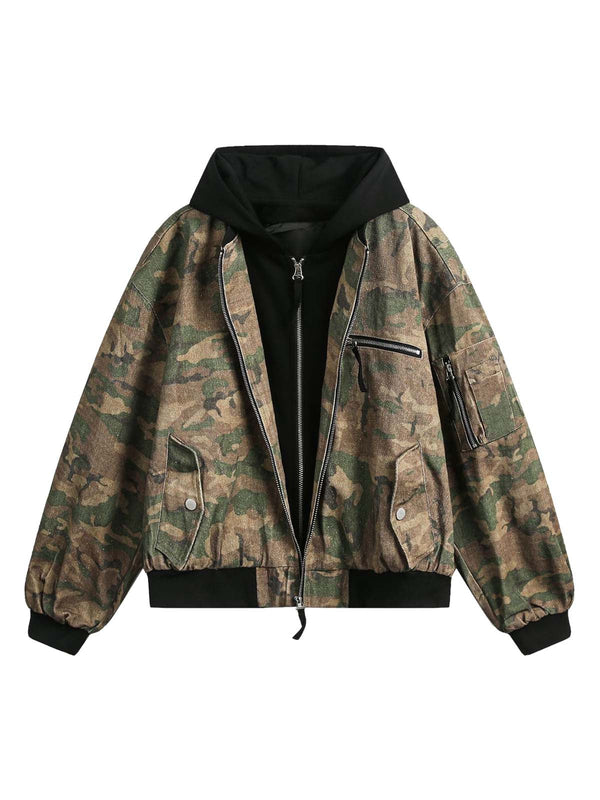 Retro Camouflage Faux Two-piece Hooded Jacket