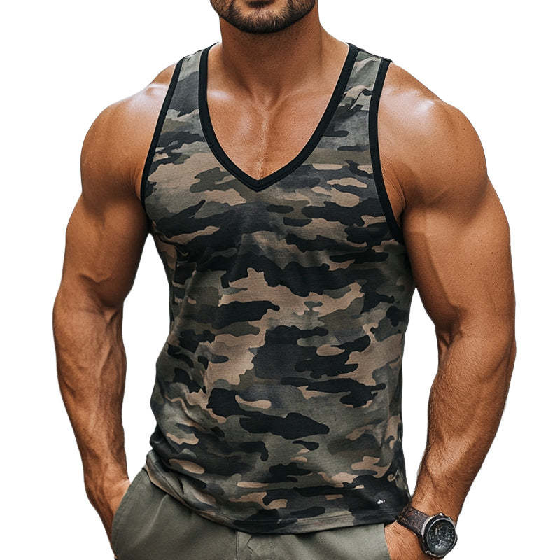 Men's Skin-friendly Breathable V-neck Retro Camouflage Print Tank Top MTA2422C1U