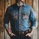 Men's Vintage Dark Blue Embroidered Washed Denim Shirt