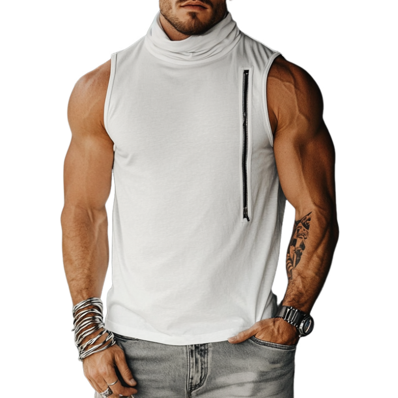 Men's Stylish Pile Collar Zipper Decorative Cotton Slim Fit Tank Top