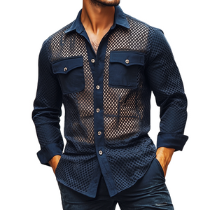 Men's Retro Casual Solid Color Mesh Fabric Splicing Lapel Long Sleeve Shirt