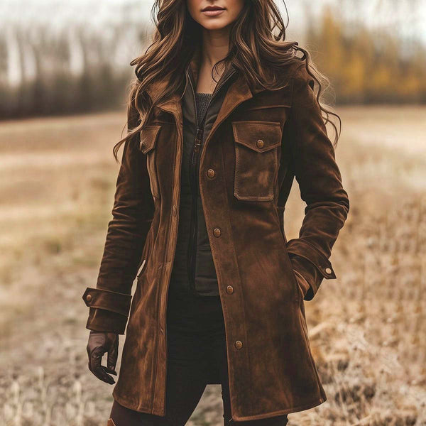 Women's Vintage Suede Lapel Collar Mid-Length Coat Jacket