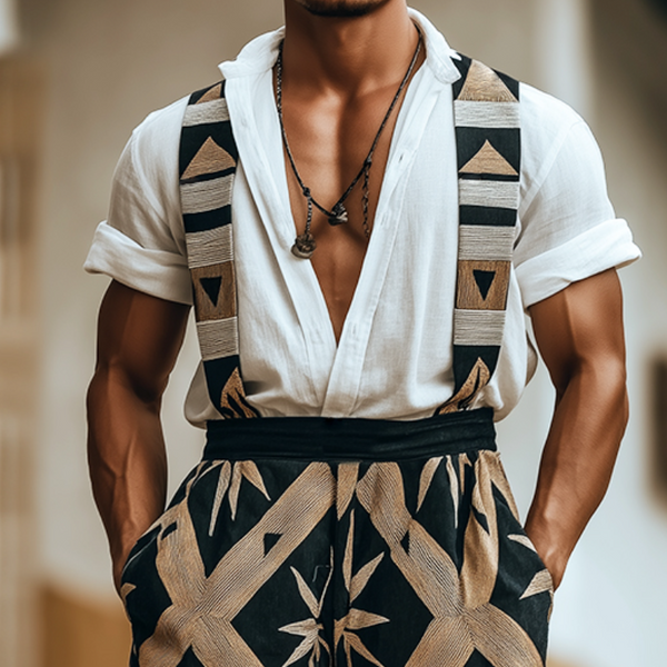 Men's Retro Geometric Print Linen Overalls