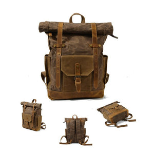 Mochila vintage de lona impermeable con múltiples bolsillos para hombre