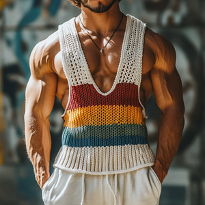Men's Casual Deep U Neck Contrast Striped Soft Knit Tank Top