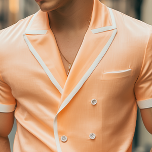 Men's Spring And Summer Fashion Slim Lapel Double-Breasted Tencel Cotton Short-Sleeved Shirt