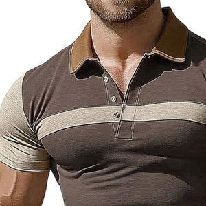 Camiseta de verano para hombre, color marrón, cuello polo, elástica, de corte entallado y con bloques de color