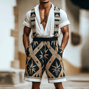 Men's Retro Geometric Print Linen Overalls