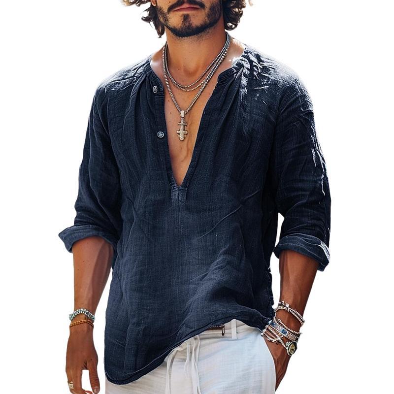 Camisa vintage de manga larga con cuello en V y botones para hombre