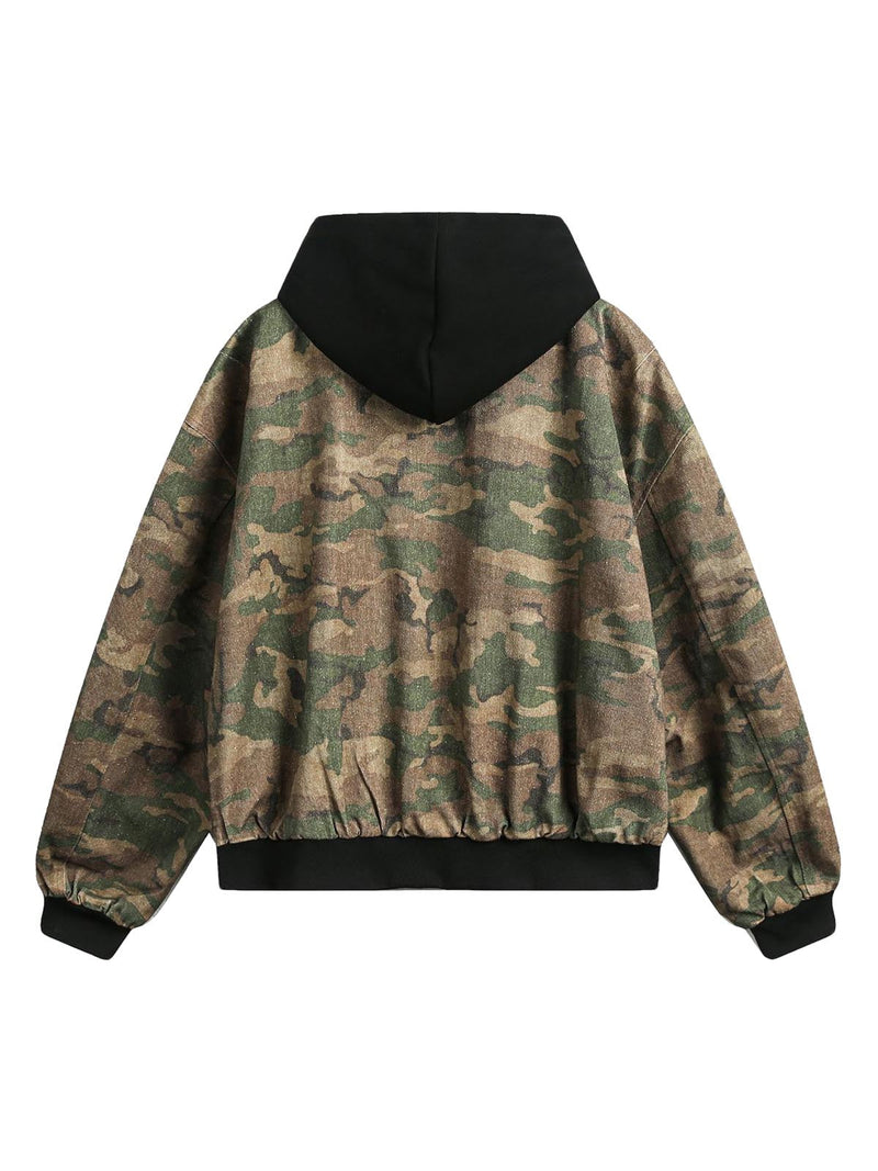 Retro Camouflage Faux Two-piece Hooded Jacket